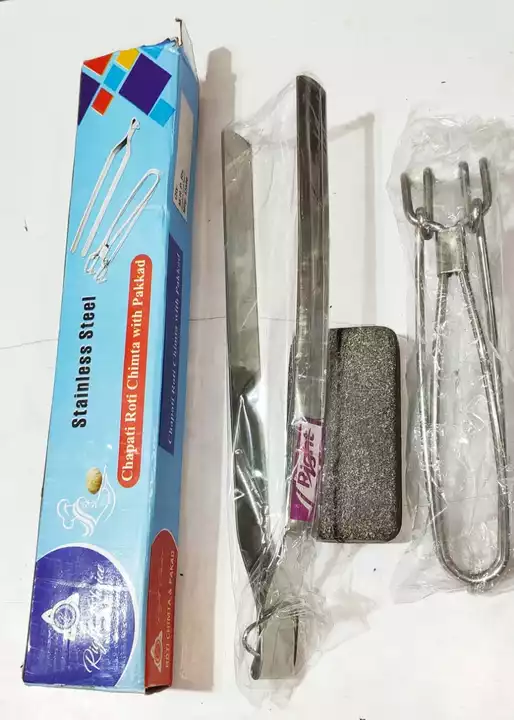 Pure steel roti chimta with pakkad.      2 pcs set.  77₹/set uploaded by Home&kitchan and toys house on 8/4/2022