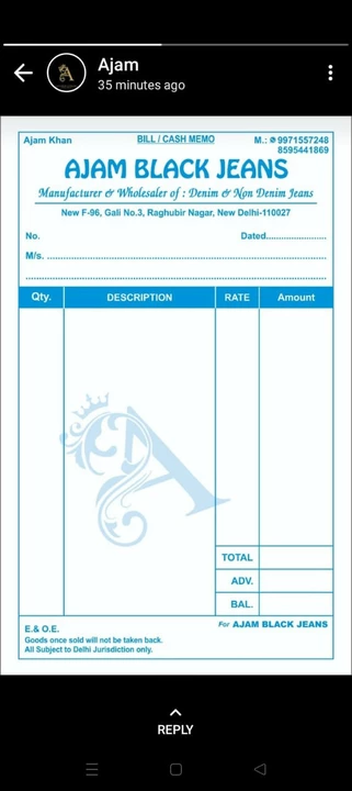 Visiting card store images of Bajigar jeans