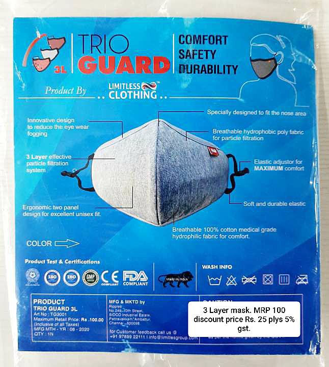 Trio Guard 3Layer washable and reusable mask with all certification by Limitless Clothing with elast uploaded by Ripples  on 11/22/2020