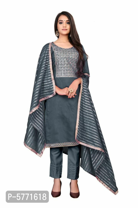 Trendy Grey Hand Work With Dupatta Modal Chanderi Dress Material uploaded by business on 8/8/2022
