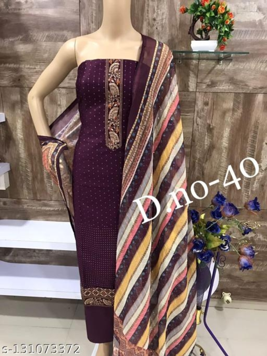Post image Catalog Name:*Abhisarika Drishya Salwar Suits &amp; Dress Materials*Top Fabric: Cotton + Top Length: 2.1 MetersBottom Fabric: Cotton + Bottom Length: 2.2 MetersDupatta Fabric: Cotton + Dupatta Length: 2.1 MetersLining Fabric: CottonType: Un StitchedPattern: StripedNet Quantity (N): SingleDispatch:1 Day