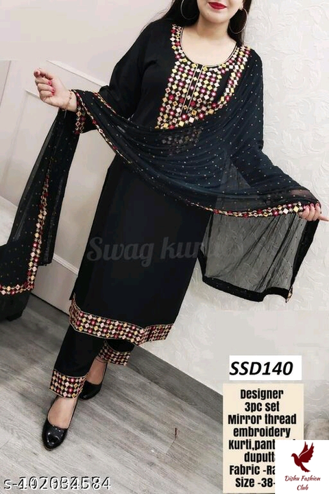 Post image I want 1-10 pieces of Dress at a total order value of 1000. I am looking for Women Kurta Pant dupatta sets
Size:- S,M,L, XL,XXL 
Fabric:- rayon
Cash on delivery available . Please send me price if you have this available.
