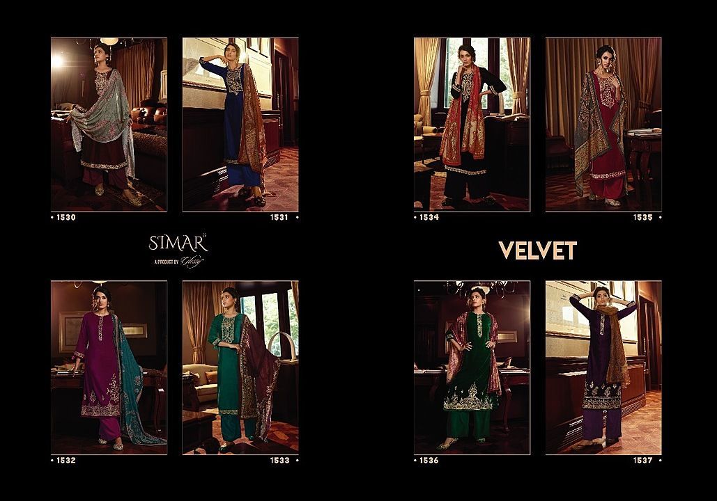 Post image *GLOSSY*

*SIMAR-VELVET*

*1530 SERIES*

*RATE:-1695/-*

*FABRIC DESCRIPTION ATTACHED*

*DISPATCH:-WEDNESDAY*

*SET TO SET ONLY*