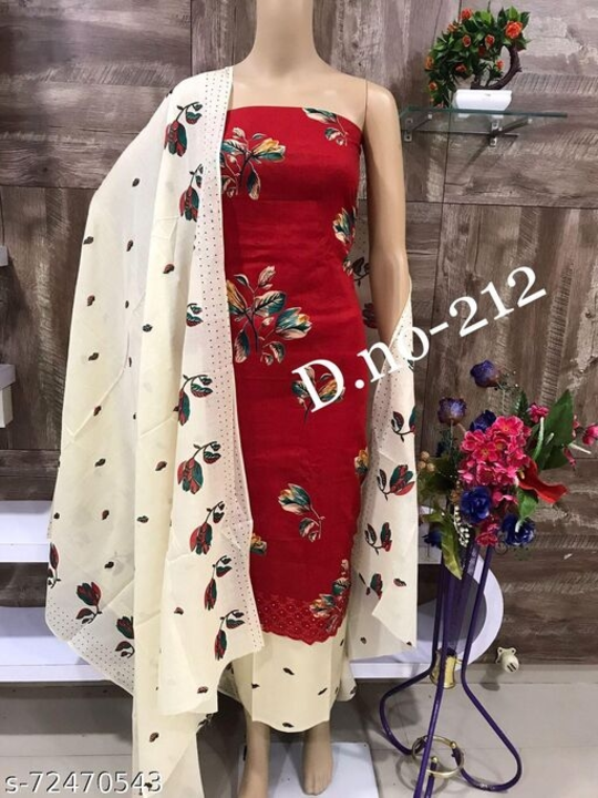 Post image Catalog Name:*Jivika Voguish Salwar Suits &amp; Dress Materials*Top Fabric: Soft Cotton + Top Length: 2.26-2.50Bottom Fabric: Soft Cotton + Bottom Length: 2.26-2.50Dupatta Fabric: Soft Cotton + Dupatta Length: 2.25 MetersLining Fabric: No LiningType: Un StitchedPattern: PrintedNet Quantity (N): SingleDispatch:1 Day
*Proof of Safe Delivery! Click to know on Safety Standards of Delivery Partners- https://ltl.sh/y_nZrAV3
