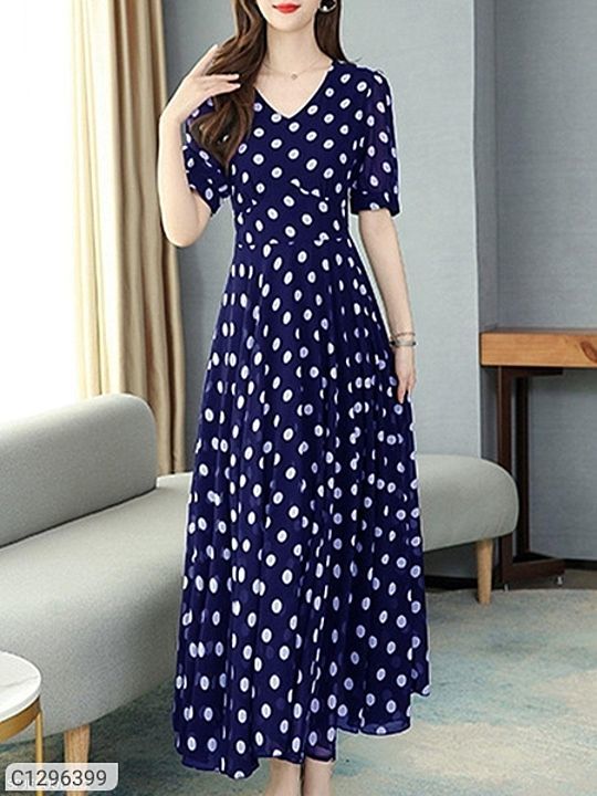 Post image *Catalog Name:* Women V Neck Georgette Polka Dot Maxi Dress
⚡⚡ Quantity: Only 5 units available⚡⚡
*Details:*
Description; It has 1 Piece of Dress
Fabric: Georgette
Neckline: V-Neck
Sleeves: Elbow Sleeves
Pattern: Polka Dot
Color: White
Length: 50 In
Size (Inches): S-36, M-38, L-40, XL-42
Designs: 4
💥 *FREE COD*
💥 *FREE Return &amp; 100% Refund*
🚚 *Delivery:* Within 7 days