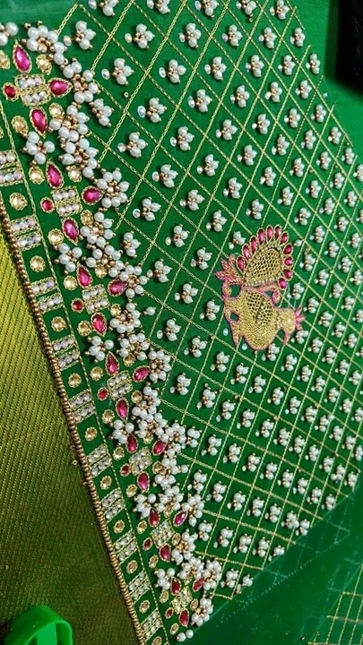Green Golden saree blouse with moti work  uploaded by business on 8/13/2022