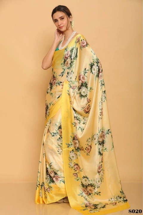 Yellow Pure Japan Satin Digital Printed Saree with Blouse uploaded by business on 8/13/2022