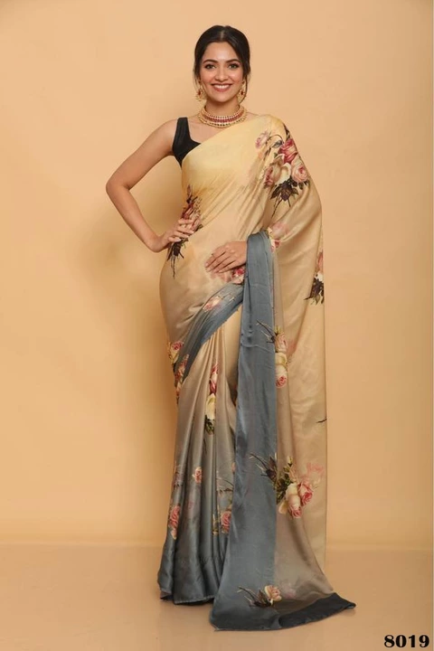 Mustard Pure Japan Satin Digital Printed Saree with Blouse uploaded by business on 8/13/2022