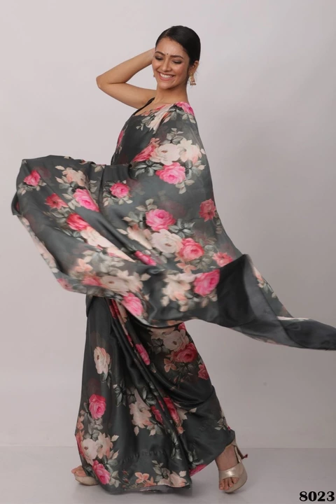Black Pure Japan Satin Digital Printed Saree with Blouse uploaded by business on 8/13/2022