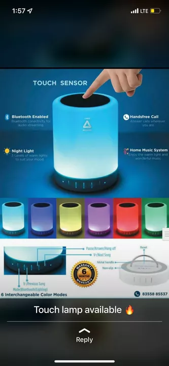 Portable Bluetooth Smart Touch Music Lamb Speaker With Multicolor LED  uploaded by CDM ENTERPRISES on 8/14/2022