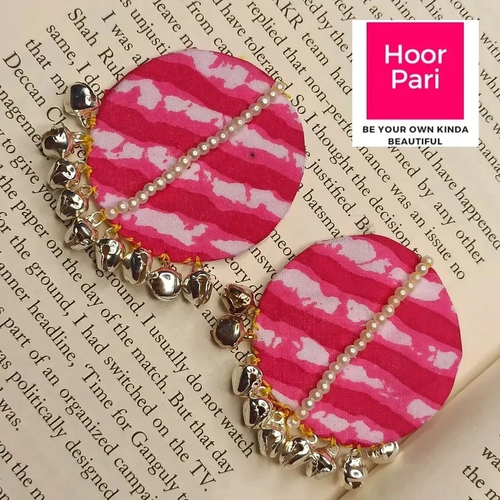Leheriya print pink stud earrings with pearl and ghungroo embellishments uploaded by HoorPari Fashions on 8/16/2022