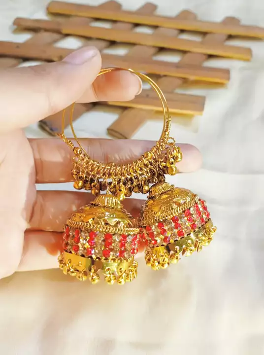 Red golden bali jhumki earrings  uploaded by business on 8/18/2022