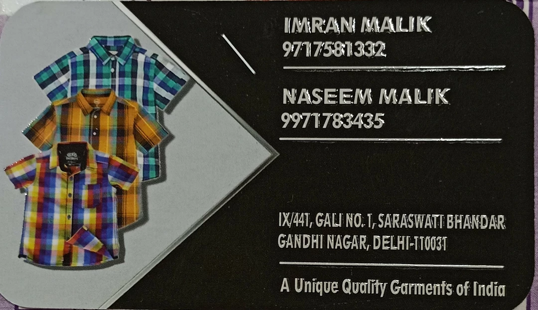 Visiting card store images of Malik & Son's Garments