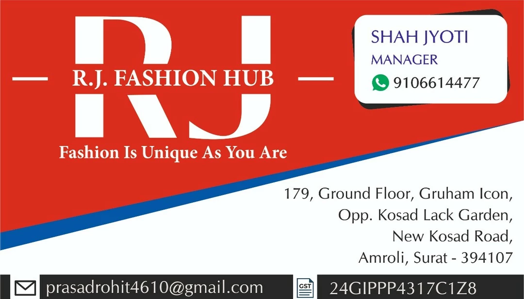 Visiting card store images of R. J. FASHION HUB