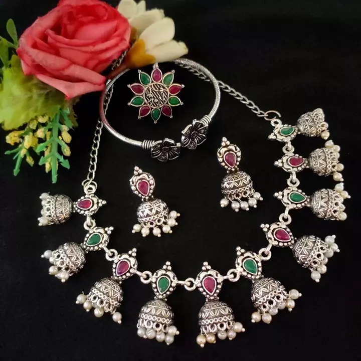 Post image *Premium Quality Silver Stone Necklace combo set with Earrings, big size Ring and Bracelet 799₹ Free shipping*