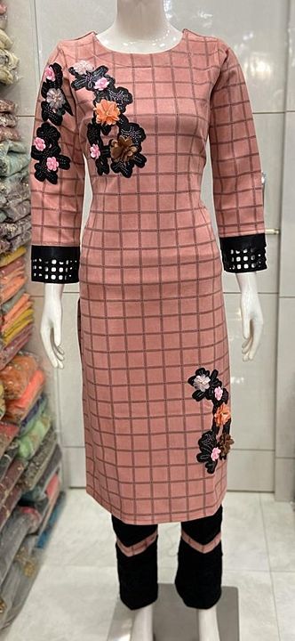 Suede print Kurti with daffodils trousers set in sizes 40 42 44 uploaded by business on 11/28/2020