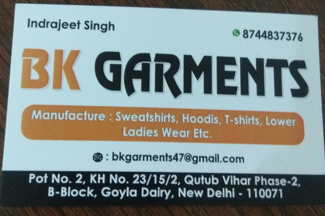 Visiting card store images of Bk garments