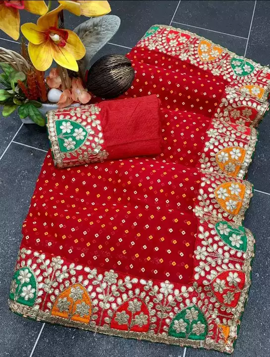 Cute Bandhni disign saree and beautiful embroidery design lace border. uploaded by Kashtabhajan Enterprises on 8/26/2022