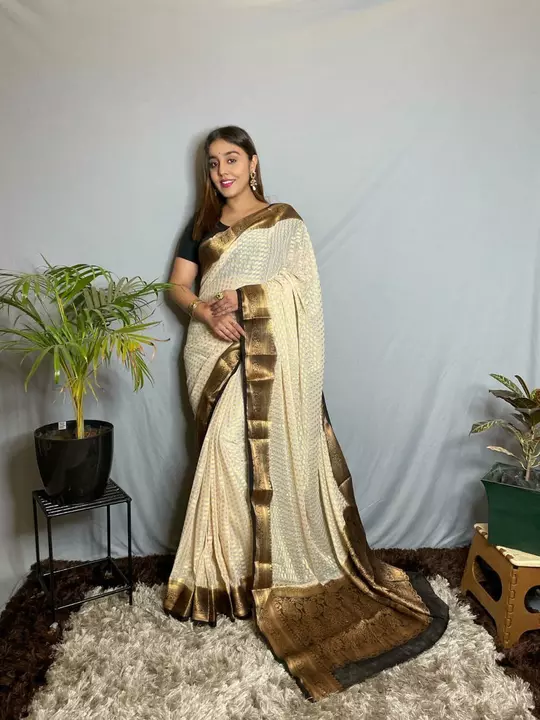 Post image *TO PUT IT IN THE CRUDEST TERM U CAN TAKE SAREE AS A TRADITION WEAR*

Pure Goergette Saree With Rich Zari Wooven Pallu With Jacquard Wooven Border n Butti Weaves in Full Saree With Tie n Die n With Running Blouse