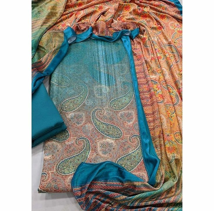 Pure pashmina Self weaved , digital printed shirt
Spun plain bottom
Velvet digital printed stole. uploaded by manju_crafts101 on 12/3/2020