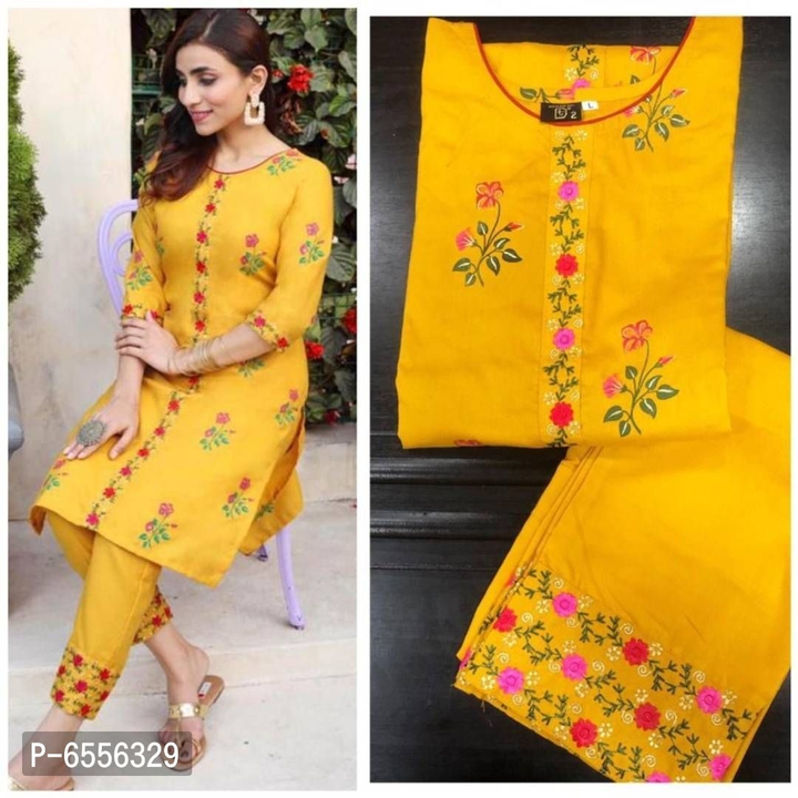 Stylish Cotton Flex Embroidered Work Round Neck 3/4 Sleeves Kurta With  Pant Set  uploaded by business on 9/2/2022