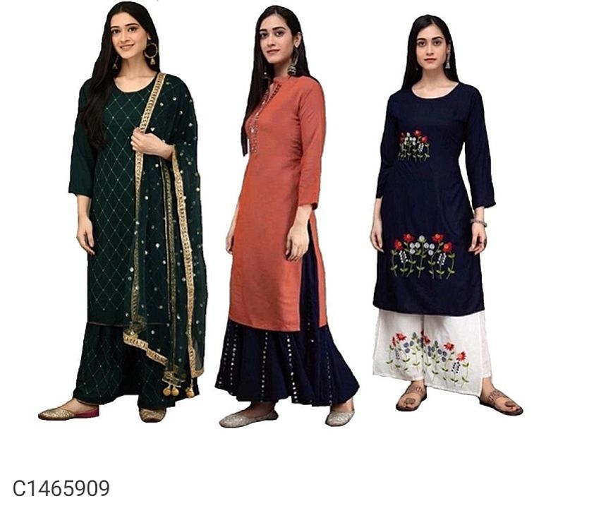  Fantastic Embroidered Rayon Kurti Sharara Set With Mirror Work  ( Pack Of 3 ) uploaded by business on 12/7/2020