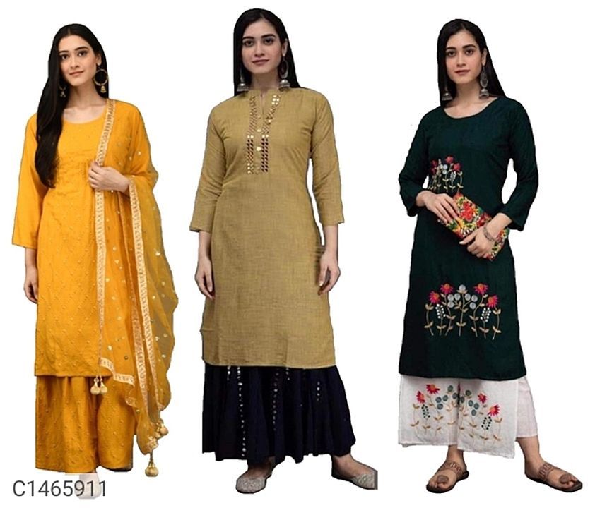 Fantastic Embroidered Rayon Kurti Sharara Set With Mirror Work  ( Pack Of 3 ) uploaded by DK ENTERPRISES  on 12/7/2020