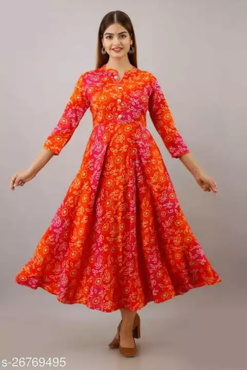 Post image ☂️Long Gown Work print  Length 50 plus Degian 50 plus Rayon fabric Quantity 200  Location Aurngabad.