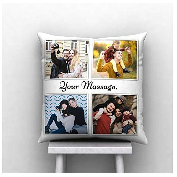 4 Photo with Text Msg Printed Decorative Customized Cushion Size (12X12 Inch.). uploaded by business on 12/8/2020