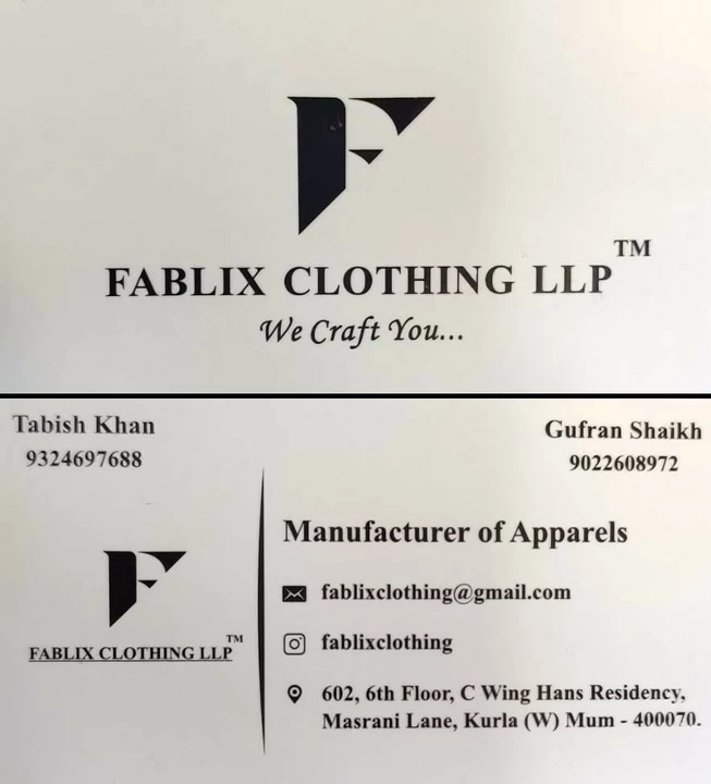 Visiting card store images of Fablix Clothing LLP