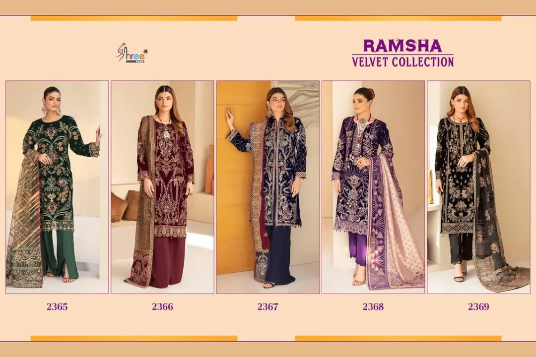 Post image RAMSHA VELVET COLLECTION

TOP PURE 9000 VELVAT WITH HEAVY EMBROIDERY 

BOTTOM PASMINA

DUPPTA EMBROIDERED NET 

DESIGNS 5

RATE 1499+ GST

SHREE FABS SURAT®️