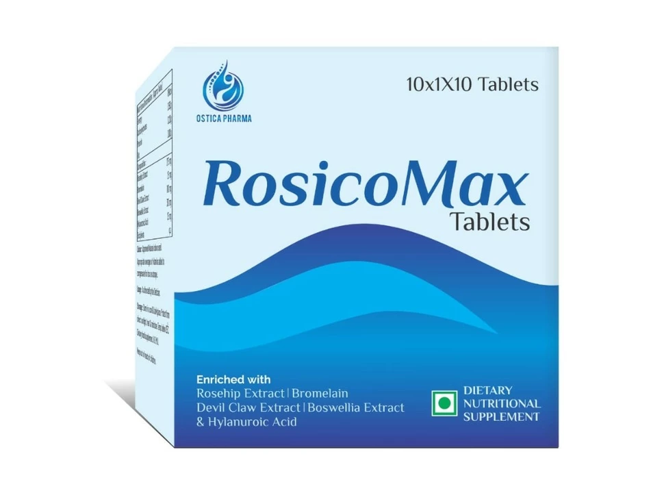 Post image RosicoMax TABLETHyaluronic Acid 25mg + Rosehip Extract 275 Mg. Bromelain 25mg+Devil Claw Extract 100mg+Boswellia Serrata
Indications: Joint Pain, Brussing, Stiffness etc.