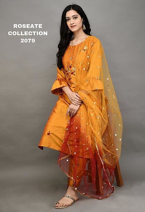 Emb silk kurti with pant and dupatta uploaded by Yukta collection on 12/10/2020