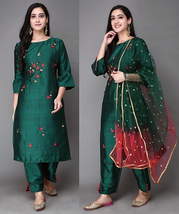 Emb silk kurti with pant and dupatta uploaded by business on 12/10/2020