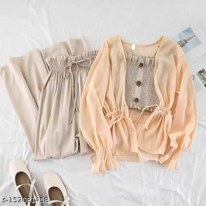 Post image 3pc top and bottamName: 3pc top and bottamTop Fabric: CrepeBottom Fabric: CrepeSleeve Length: Long SleevesNet Quantity (N): 3Sizes: XS (Top Bust Size: 32 in, Top Length Size: 20 in, Bottom Waist Size: 28 in, Bottom Hip Size: 41 in, Bottom Length Size: 36 in) S (Top Bust Size: 34 in, Top Length Size: 20 in, Bottom Waist Size: 30 in, Bottom Hip Size: 41 in, Bottom Length Size: 36 in) M (Top Bust Size: 36 in, Top Length Size: 20 in, Bottom Waist Size: 32 in, Bottom Hip Size: 41 in, Bottom Length Size: 36 in) Country of Origin: India