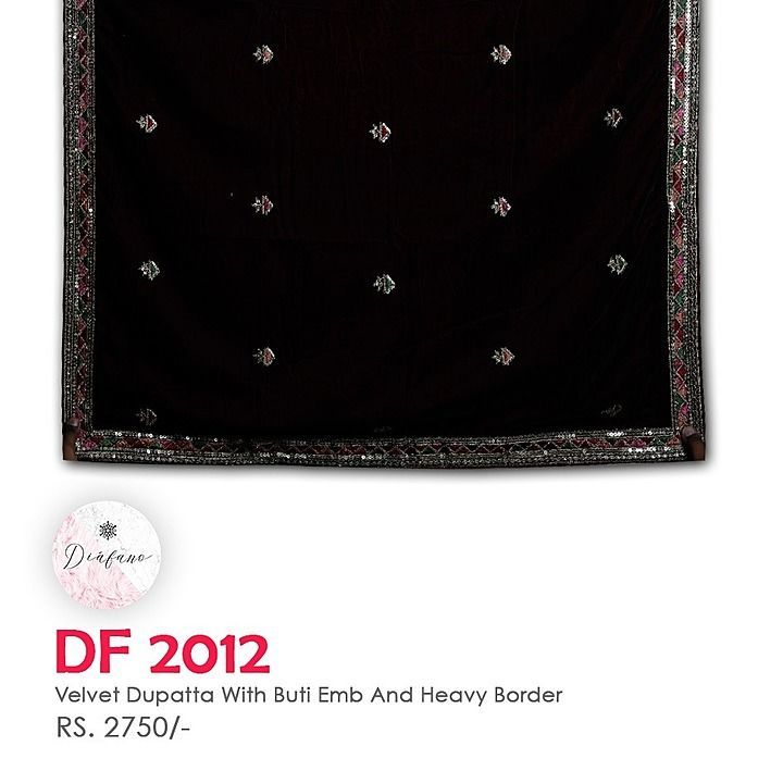 Velvet Dupatta With Buti Emb And Heavy Border DF 2012 uploaded by Anoothi Fashions Pvt Ltd on 12/11/2020