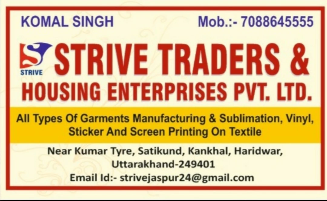 Visiting card store images of Strive traders and Housing Enterprises pvt Ltd