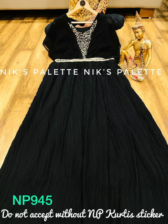 Post image *NP**NP1003* *NP945*
*RESTOCK*
Premium Georgette pleated gown detailed with work on yoke with designer pattern sleeves with hand work belt .📌Bright &amp; beautiful colours 
*Dispatch ready*
Size 40 42 44 
*Do not accept without NP kurtis sticker*