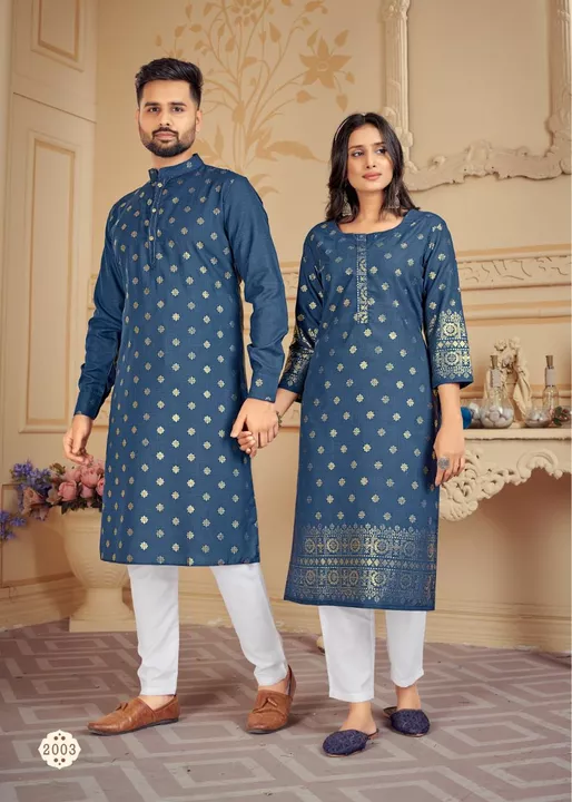 Post image Present couple combo of Kurta with Payjama and Kurti with PantsCatalogue Name : *Couple Dream V-2*➖➖➖➖➖➖➖➖➖👇🏻 *Kurti Details* 👇🏻 *🙋🏻‍♀️ Top* : Pure Cotton with Foil Print Butti &amp; Stylist Pattern. *🙋🏻‍♀️ Pant* : Pure Cotton Stitched Pant with pocket*Size- M(38), L(40), XL(42), XXL(44)*➖➖➖➖➖➖➖➖➖👇🏻 *Kurta Details* 👇🏻 *🙋🏻‍♂️ Kurta* : Pure cotton with Foil Print Butti &amp; pocket with Exclusive Button. *🙋🏻‍♂️ Payjama* : Pure Cotton Stitched*Size- M(41), L(43), XL(45), XXL(47)* *Note : For men kurta size chart attached.*➖➖➖➖➖➖➖➖➖*COMBO Rate : 1250/- Rs Only* *Only Boy Kurta with Payjama : 650/-Rs Only*