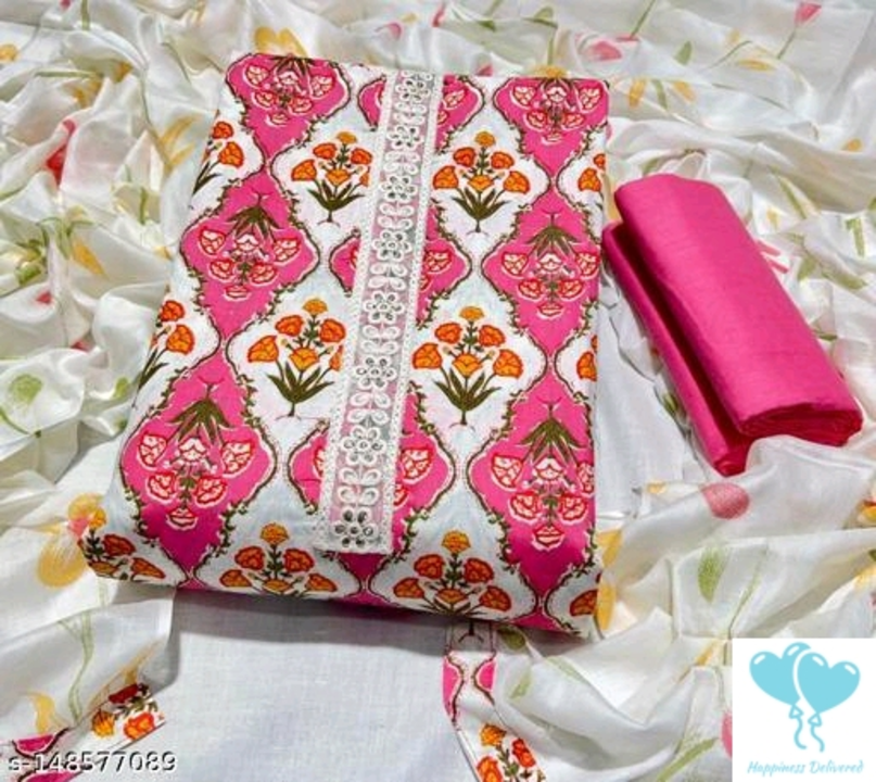 Post image Catalog Name:*Abhisarika Refined Salwar Suits &amp; Dress Materials*Top Fabric: Cotton + Top Length: 2.3 MetersBottom Fabric: Cotton + Bottom Length: 2.5 MetersDupatta Fabric: Cotton + Dupatta Length: 2.25 MetersLining Fabric: No LiningType: Un StitchedPattern: PrintedNet Quantity (N): SingleDispatch:2 Days