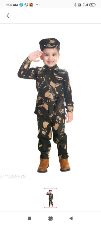 BOYS PRINTED ARMY OR BSF DRESS WITH CAP WHISTEL ROPE GUN GUN COVER FOR FANCY DRESS COMPITITION OR RE uploaded by business on 9/14/2022
