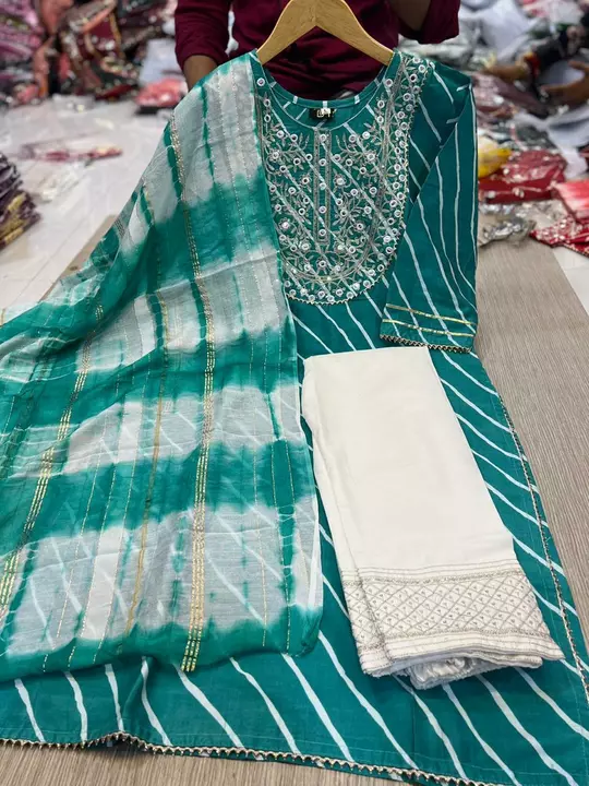 Post image *RIHA FASHION* 
🔥 *Hot and Latest Kurta set🔥

                *laheriyooo*
    
 
🔥 Fabric Details 

🌟Kurta Fabric: *beautiful Printed rayon cotton with  EMBROIDERY and mirror and sequance work in neck*

🌟Bottom : *Rayon Cotton plazo  With Sequance WORK* 

🌟 Dupata: *Chanderi Silk*

🌟 Size : *M L XL XXL*

         _Full_ _stiched_

🥰  *Be Happy With Quality* 🥰