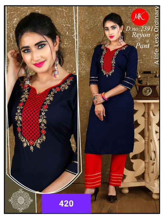 Heavy embroidery work kurti with pant just for rs 350 uploaded by Sanjeev Textile on 9/14/2022