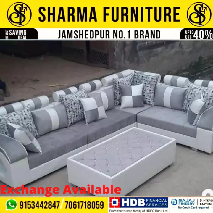 Grey And White L Shape Sofa Set With Cushions And Center Table uploaded by Sharma furniture on 9/17/2022