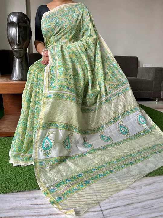 Bagru hand-block printed chanderi silk saree with blouse....price 1900+$ uploaded by Lookielooks on 9/17/2022