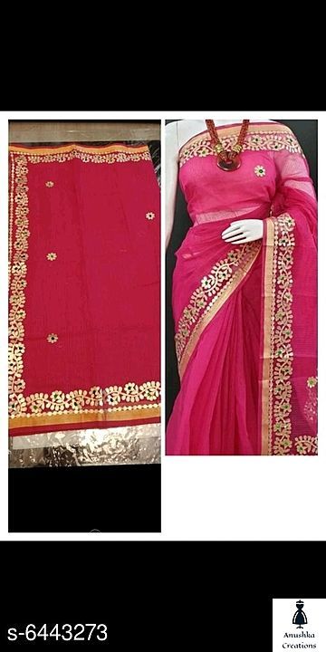 Post image Trendy Women  Kota Doriya Sarees

Saree Fabric:  Kota Doriya
Blouse: Running Blouse
Blouse Fabric:  Kota Doriya
Pattern: Solid
Blouse Pattern: Solid
Multipack: Single
Sizes: 
Free Size (Saree Length Size: 6.2 m)