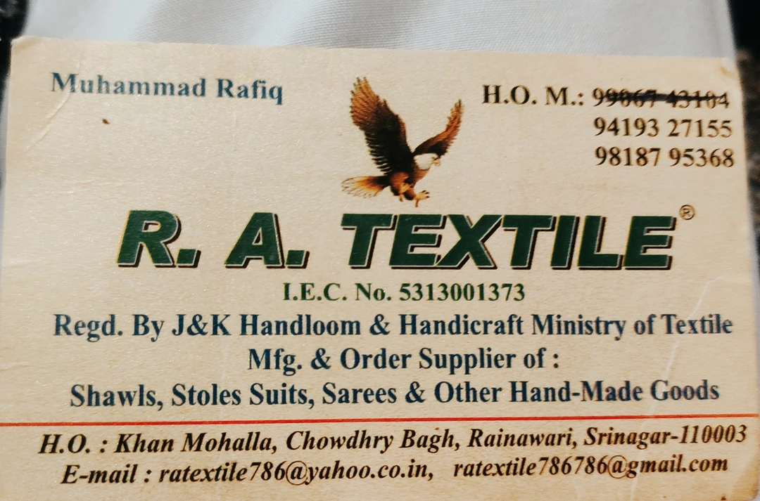 Visiting card store images of R A textiles