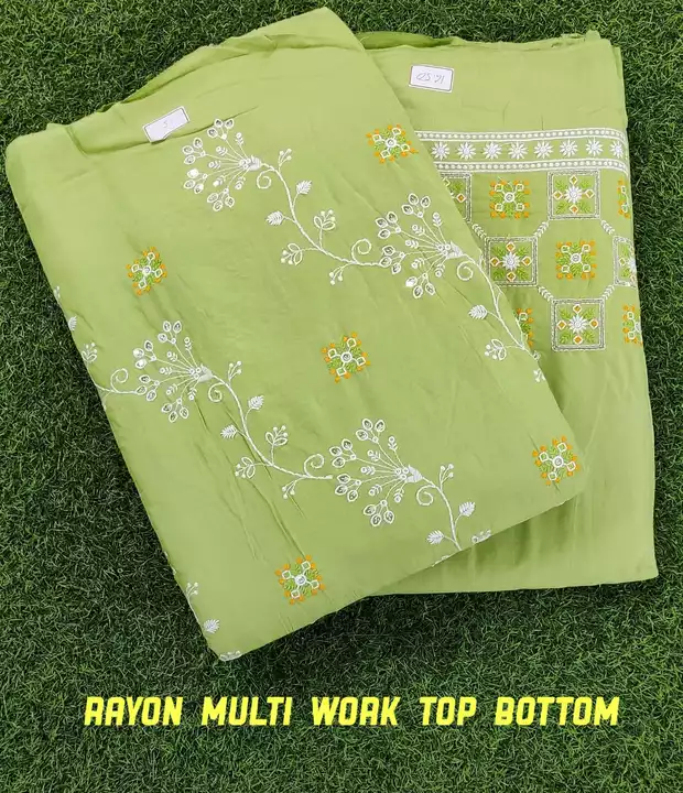 Post image 👉🏻 product name:
       Rayon 140 gsm multi embroidery 
      Top bottom 

👉🏻Width 44"

👉🏻Length 95cm

👉🏻Rs 110/- per meter 
Minimum order 400 meters
20 20 meters cut available

👉🏻deal only ADWANCE 
      Payment