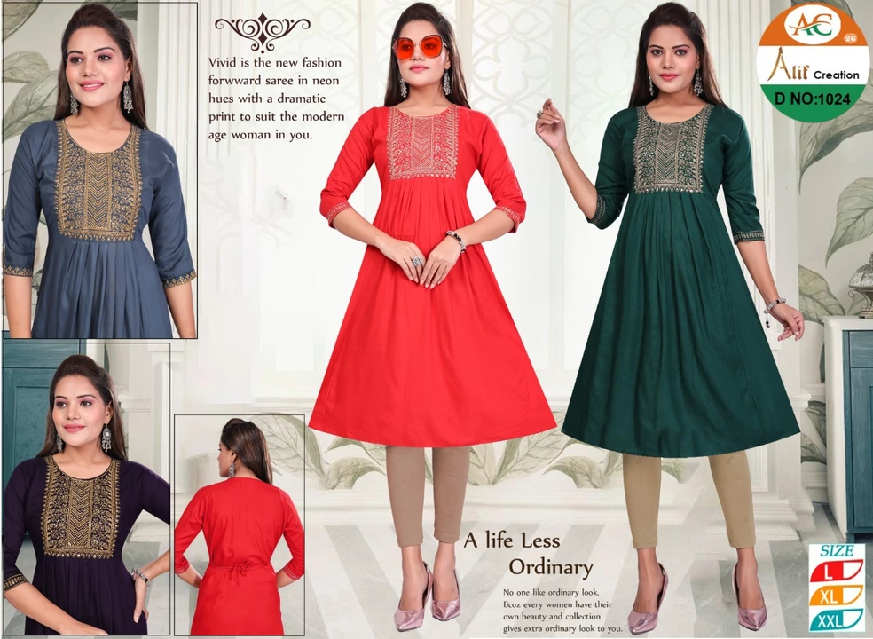Rayon neck worked kurtis (D.NO. 1024) uploaded by Alif creation on 9/20/2022