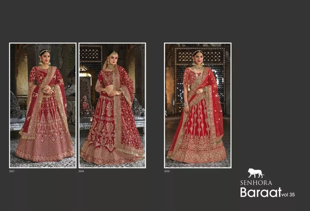 Post image *BARAAT BRIDAL HERITAGE VOL-35🍁*  
*Catalog Type:-* Semi Stitch. 
*D.NO... PRICE...* 2047  6920/- 2048  7366/- 2049  4902/-
*👗 Fabrics Details 👗*
💃🏼 *LEHENGA :-* 9000 Heavy Velvet With Fancy Dori Work + Stone Work + Zarkan. 
*LEHENGA SIZE =UP TO 44*
💃 *BLOUSE* = 9000 Heavy Velvet With Beautiful Coding Embrodeiry Work &amp; Stone Work. 💃 *BLOUSE SIZE* - Possible 46+ 
💃🏼 *DUPATTA :-* Net With 4 Side Embroidery Work With Full Of Diamond With Latkan.
 💃🏼 *WEIGHT* -3.5Ship extra